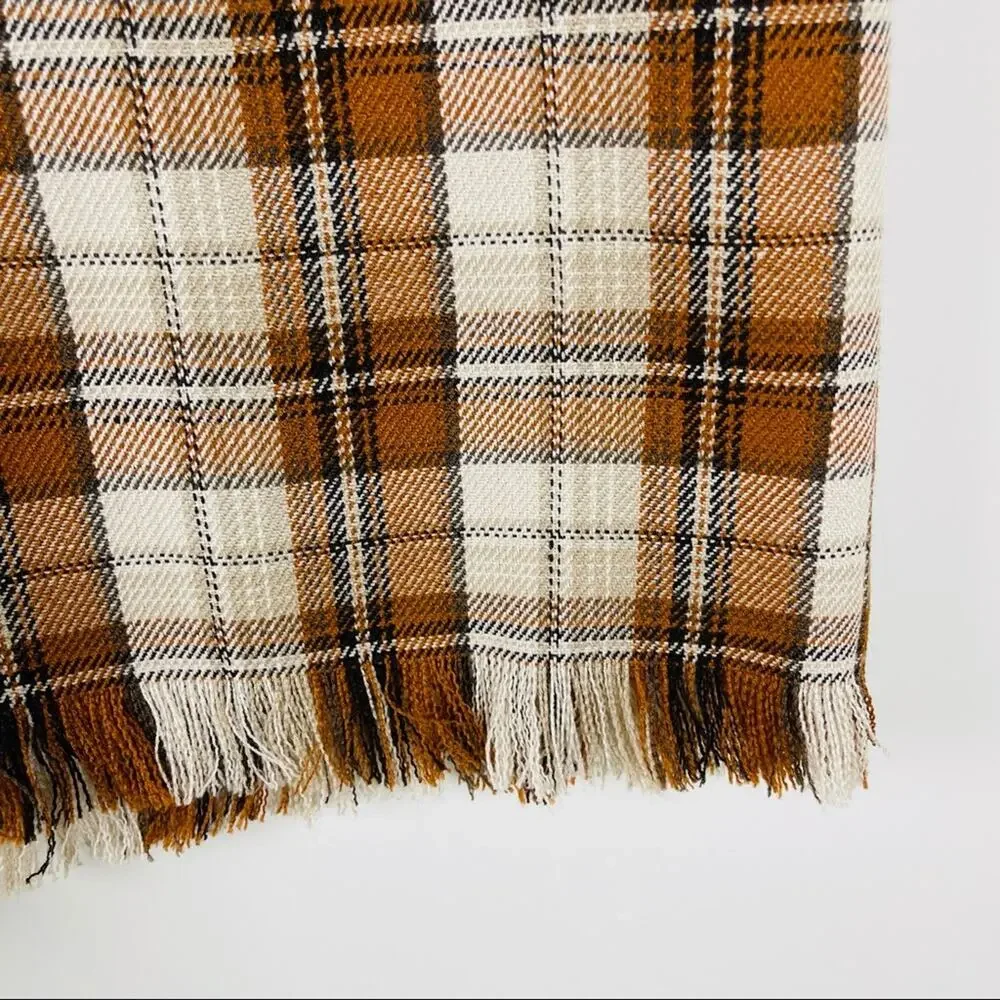 Vintage orange tan plaid preppy academia fringe midi skirt 12P - Picture 4 of 8